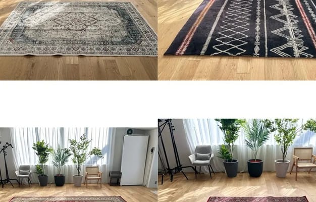 異なるデザインのラグを配置し、空間の雰囲気を変化させることが可能。家具との組み合わせで多様なスタイルを演出。