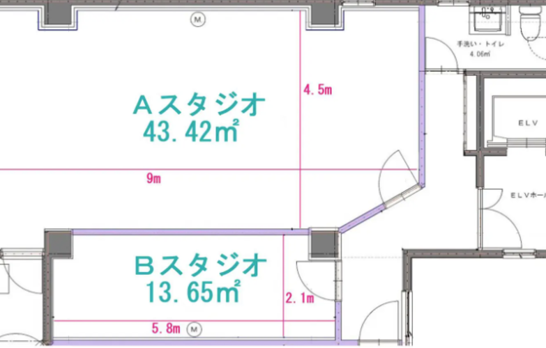 Aスタジオは広々43.42㎡