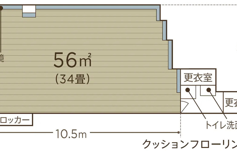 鏡に向かって横10.5ｍ。奥行5m。
更衣室と専用トイレ、流し台があり。/ スタジオアムリタ・ノース(B1)の間取り図